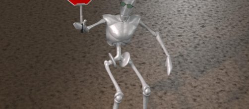 A robotic skeleton holds up a stop-sign board. Image credit:kalhh / pixabay