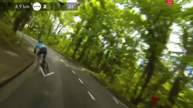 Jakob Fuglsang rischia la caduta nella discesa finale.