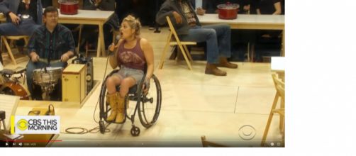 Ali Stroker made history with her Tony nomination this week, becoming the first nominee actress on wheels. [Image source: CBSThisMorning-YouTube]