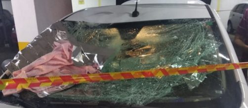 Para-brisa de carro que amorteceu queda de crian&ccedil;a ficou destru&iacute;do. (Reprodu&ccedil;&atilde;o/Pol&iacute;cia Militar)