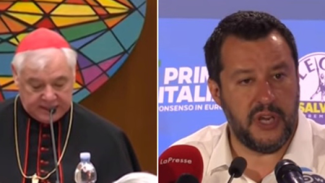 Il Cardinale M&uuml;ller sembra difendere Salvini (Ph. Youtube).