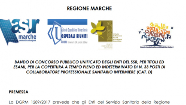 Concorso pubblico 33 infermieri Regione Marche