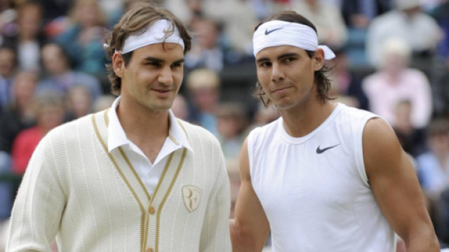 Roger Federer e Rafa Nadal poco prima della finale di Wimbledon del 2008