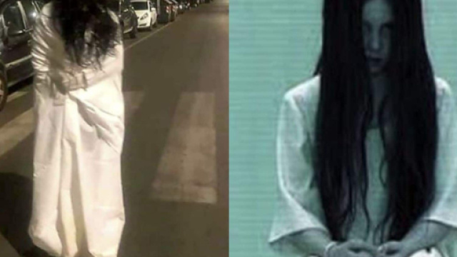 Samara Challenge a Roma: una ragazza travestita da Samara viene immortalata mentre cammina per la citt&agrave;