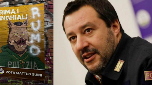 Il manifesto comparso per le strade di Torino a sinistra, Matteo Salvini a destra.