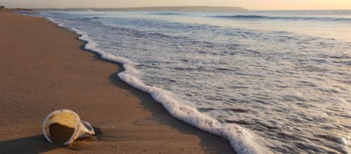 Vaso de pl&aacute;stico en la orilla del mar