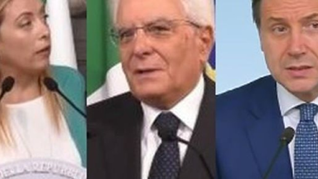 Giorgia Meloni, Sergio Mattarella e Giuseppe Conte.