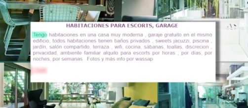 Anuncio insertado por la ex mujer de Mainat ofreciendo habitaciones a escorts en la mansi&oacute;n del productor