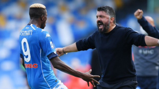 Napoli-Atalanta 4-1: Osimhen e Gattuso esultano per la vittoria.