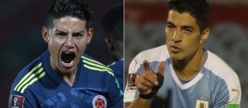 James Rodr&iacute;guez e Suar&eacute;z s&atilde;o as principais estrelas na partida entre Col&ocirc;mbia e Uruguai. (Fotomontagem)