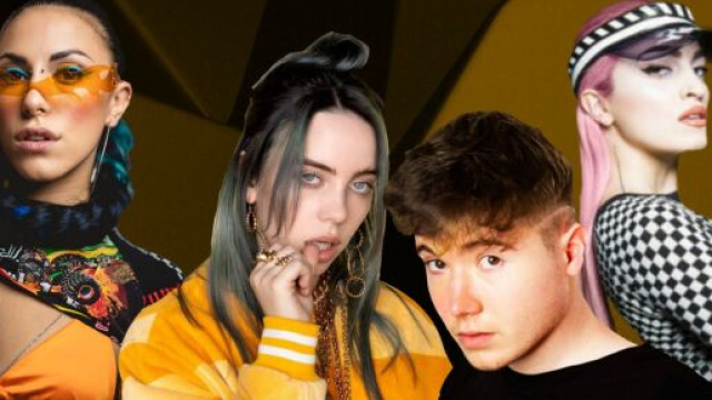 I quattro cantanti che hanno fatto uscire i loro brani nella giornata di ieri: Beba, Billie Eilish, Alfa e Roshelle (da sinistra verso destra)