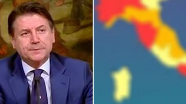 Giuseppe Conte e l'Italia divisa in varie zone.