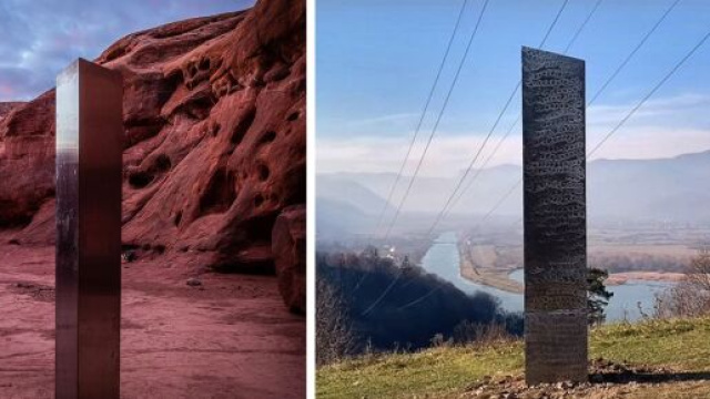 Le monolithe d&eacute;couvert dans l'Utah (gauche) et celui de Roumanie (droite). &copy;Patrick A. Mackie/Capture vid&eacute;o YouTube