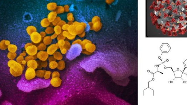 Immagine al microscopio elettronico del CoViD-19. Una rappresentazione della sua morfologia e la struttura dell&rsquo;antivirale remdesivir.
