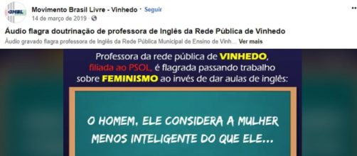 Professora foi gravada e teve &aacute;udio exposto na p&aacute;gina do MBL de Vinhedo. Foto: https://www.facebook.com/watch/?v=597854580686503.