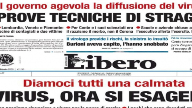Coronavirus, i titoli di Libero: da "strage" a "ora si sta esagerando". Foto dalla pagina Facebook 'Maratoneti di Mentana'.