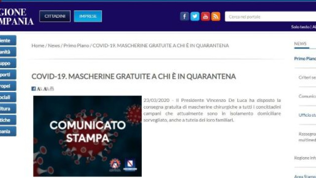 Regione Campania, dati contagio e mascherine gratuite