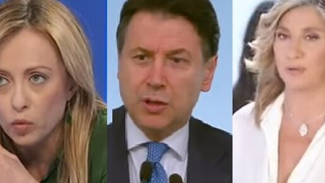 Giorgia Meloni, Giuseppe Conte e Myrta Merlino.