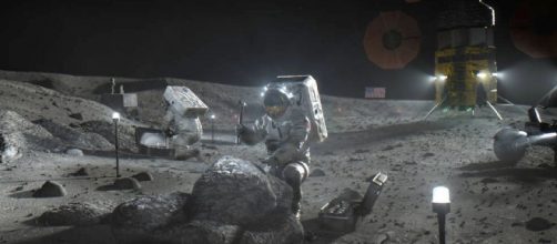 Representaci&oacute;n gr&aacute;fica de la NASA de la Luna con los astronautas del proyecto Artemisa.