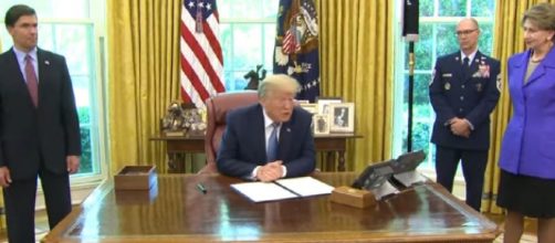 Trump speaks at presentation of Space Force flag. [Image source/Fox News YouTube video]