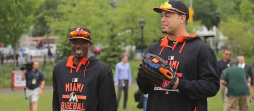 Dee Gordon and Giancarlo Stanton as members of the Marlins. [image source: Arturo Pardavilla III- Wikimedia Commons]