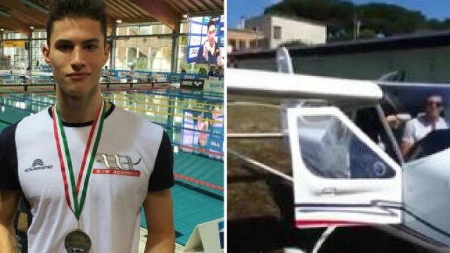 Ultraleggero caduto a Nettuno, morti due nuotatori azzurri, Fabio Lombini, a sinistra, e Gioele Rossetti, alla guida del mezzo.