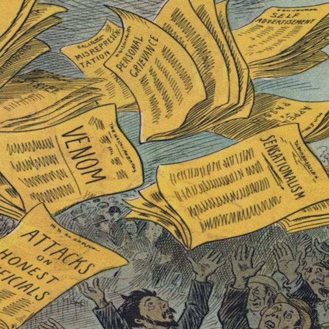 9 most shared fake news this week. Credit: llustration from L.M Glackens&rsquo; The Yellow Press (1910) via The Public Domain Review