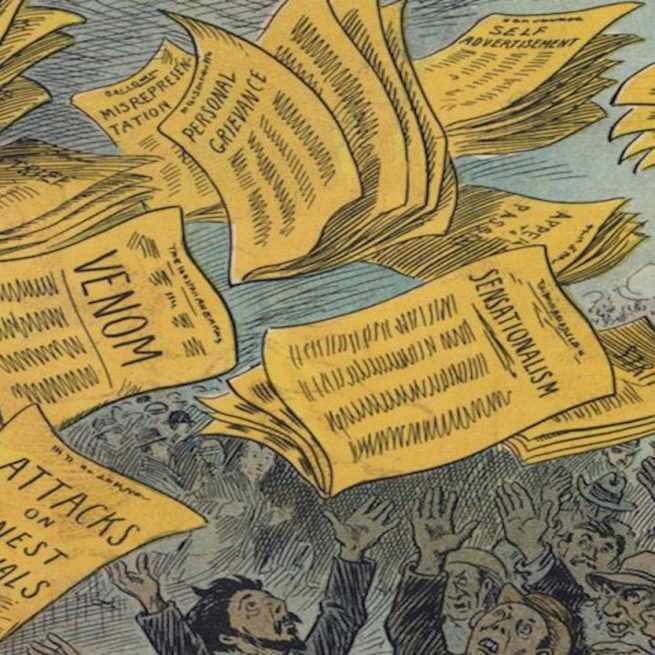 9 most shared fake news this week. Credit: llustration from L.M Glackens&rsquo; The Yellow Press (1910) via The Public Domain Review