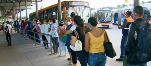 Filas extensas s&atilde;o registradas em terminais ap&oacute;s reabertura de setores da economia. (Reprodu&ccedil;&atilde;o/TV Globo)