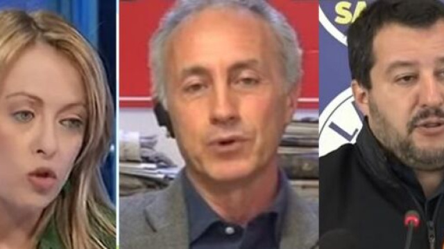 Giorgia Meloni, Marco Travaglio e Matteo Salvini.