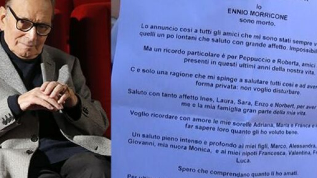Ennio Morricone si &egrave; scritto il necrologio: 'Funerale privato, non voglio disturbare'.