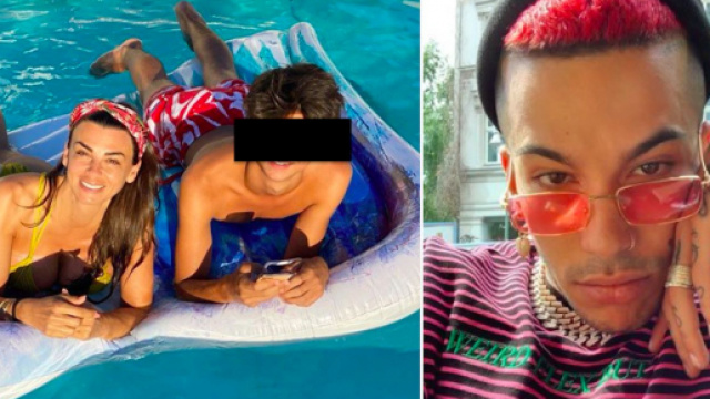 Serena Enardu con il figlio Tommaso a sinistra, Sfera Ebbasta a destra.