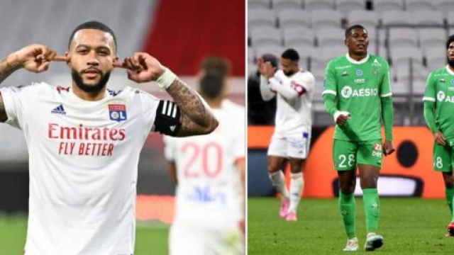OL/ASSE: le tacle de Memphis Depay aux st&eacute;phanois avant le derby fait enrager les verts. Montage photo