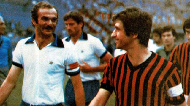 Sandro Mazzola e Gianni Rivera, capitani di Inter e Milan nella finale di Coppa Italia del 1977.