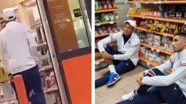 Kylian Mbapp&eacute; et Achraf Hakimi au supermarch&eacute; de Trappes (capture YouTube et montage photo)