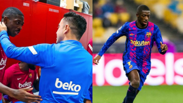 Ousmane Demb&eacute;l&eacute; et Xavi dans le vestiaire du Bar&ccedil;a. (cr&eacute;dit Twitter)