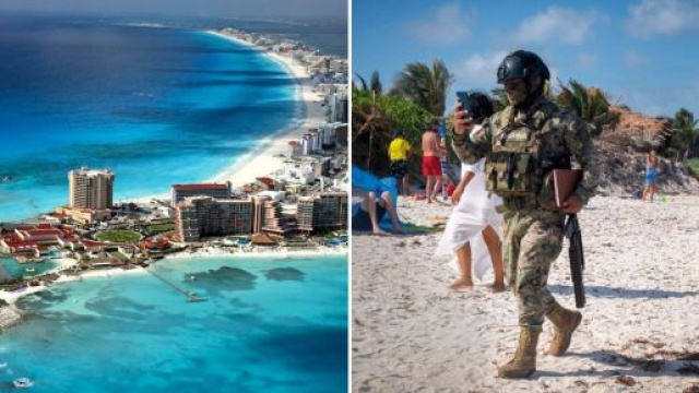Au Mexique, les militaires surveillent souvent les plages publiques et priv&eacute;es en raison de la pr&eacute;sence de cartels de la drogue- Source : montage