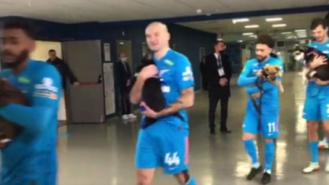 L'entr&eacute;e insolite des joueurs du Z&eacute;nith sur le terrain avec des chiens (capture YouTube)