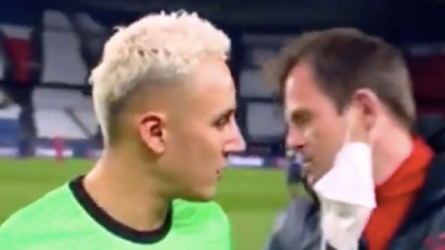 Navas interpelle &agrave; la fin de PSG vs Bayern Munich (Capture RMC Sport).