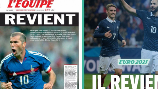 La m&ecirc;me Une du quotidien sportif pour Zin&eacute;dine Zidane (2005) et Karim Benzema (2021) - Source : Montage L'&Eacute;quipe