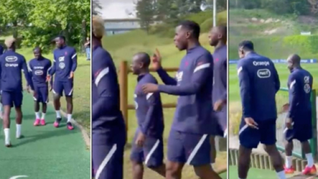 Les Bleus ont charri&eacute; Kant&eacute; avant leur s&eacute;ance d'entrainement. (photo capture d'&eacute;cran vid&eacute;o Twitter Equipe de France)
