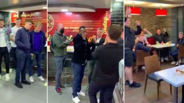 Sidney Govou reconnu jusqu'&agrave; un fast-food de Belfast - Source : captures d'&eacute;cran vid&eacute;o Twitter et montage