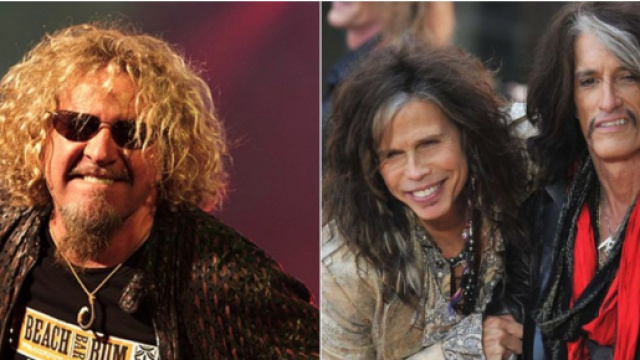 Sammy Hagar a sinistra e Steven Tyler e Joe Perry degli Aerosmith sulla destra