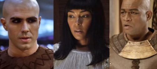 Jos&eacute;, Nefr&iacute;ades e Potifar em 'G&ecirc;nesis' (Fotomontagem/Reprodu&ccedil;&atilde;o/Record TV)