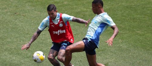 Dudu e Danilo dividem bola em treino (Cesar Greco/Palmeiras)