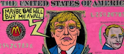 Sean Kushner's dollar bill showing Donald Trump proposing a wall along the U.S./Mexico border (Image source: Fitzwilliam Museum)