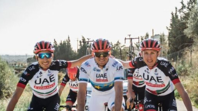 Fabio Aru e Daniel Martin alla UAE Emirates nel 2018.