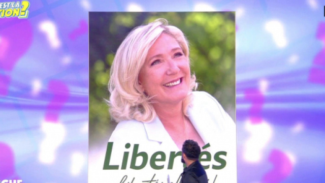 Une affiche de Marine Le Pen devant Cyril Hanouna dans TPMP. Source : capture d&rsquo;&eacute;cran C8.