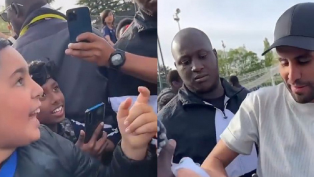 Mahrez en discussion avec un petit du quartier de Sarcelles. (cr&eacute;dit Twitter)