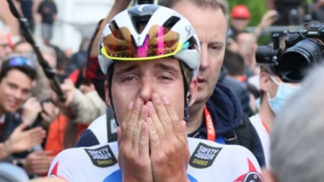 Remco Evenepoel all'arrivo della Liegi Bastogne Liegi.